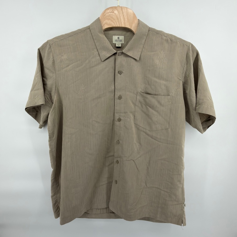 Solitude Button Up Shirt Mens XL Tan Palm Tree Embroidered Short Sleeve Textured